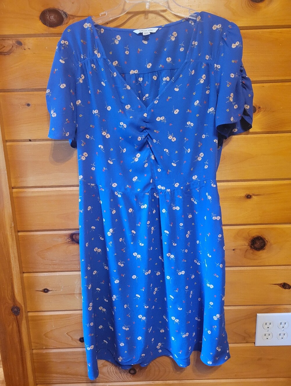 American Eagle Blue Floral Mini Dress | V-Neck Ruched Front | Flutter Sleeve |